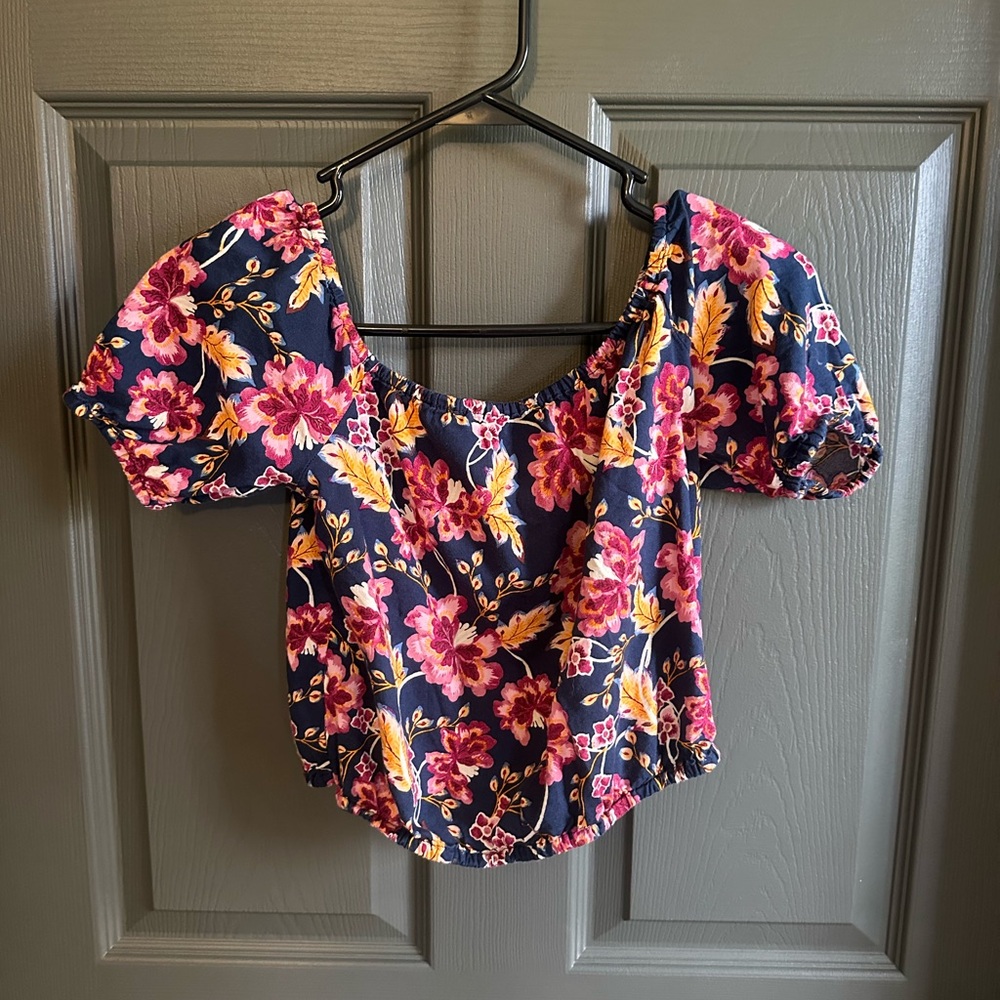 Old Navy girls 10 Floral Puff Sleeve Top - Navy and Pink